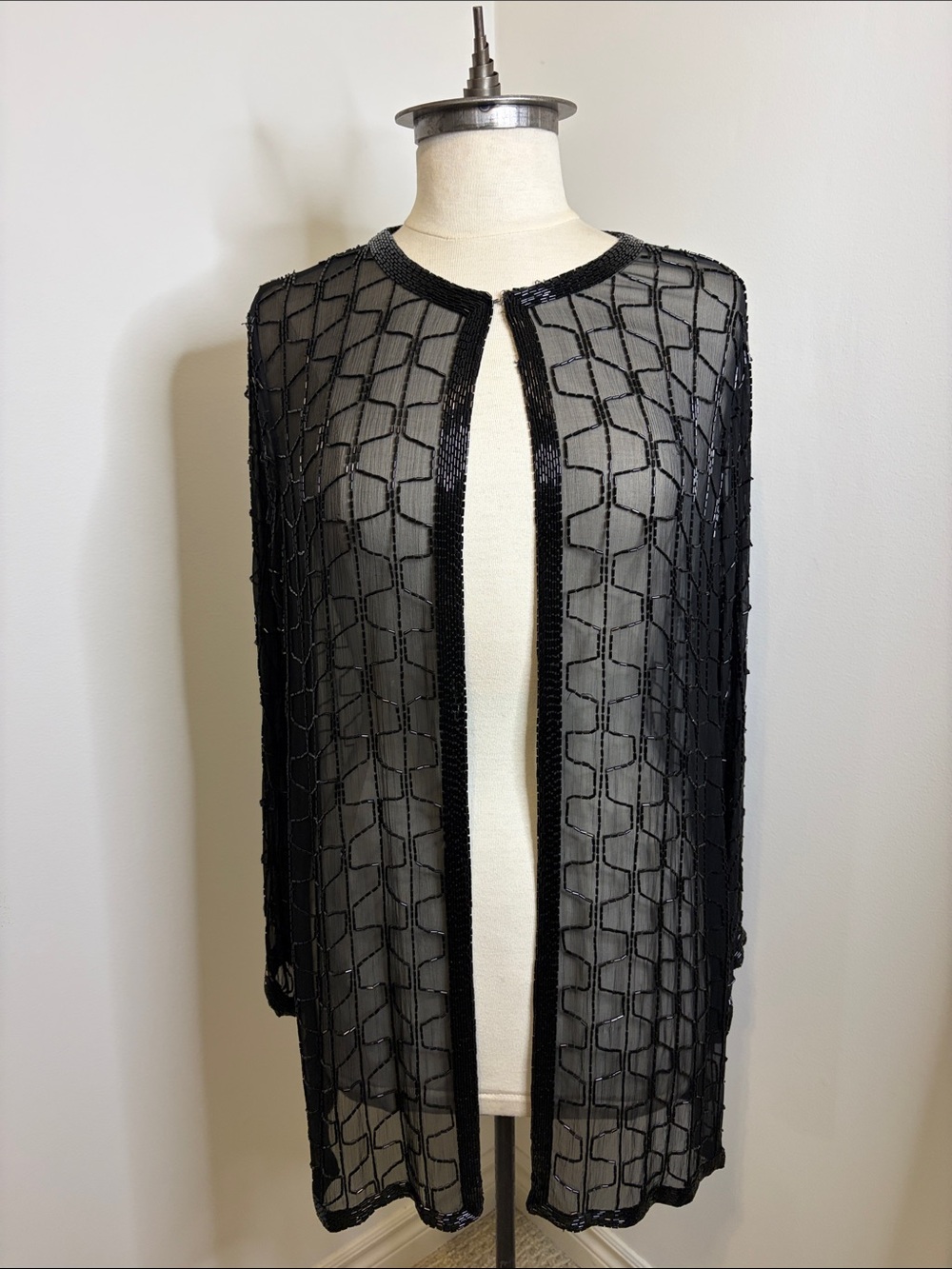 SCALA Black Beaded Silk Evening Cardigan SIZE XL